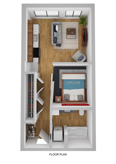 Floor plan for 1 bed, 1 bath, 461 sqft